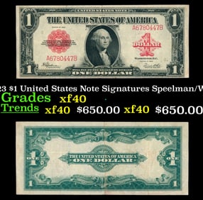 1923 $1 United States Note Grades xf Signatures Speelman/White