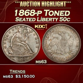 1868-p Seated Half Dollar Toned 50c ms63 USCG