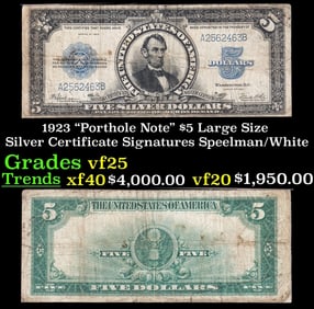1923 $5 Large Size Silver Certificate "Porthole Note" Grades vf+ Signatures Speelman/White