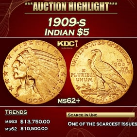 1909-s Gold Indian Half Eagle $5 ms62+ USCG