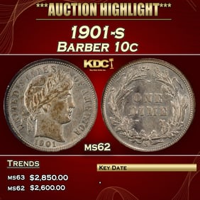 1901-s Barber Dime 10c ms62 USCG