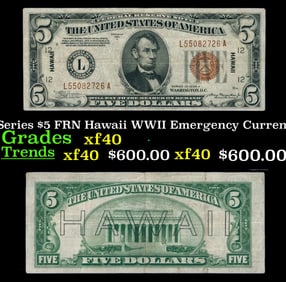 1934A $5 FRN Hawaii WWII Emergency Currency Key To Series Key To Series Grades xf