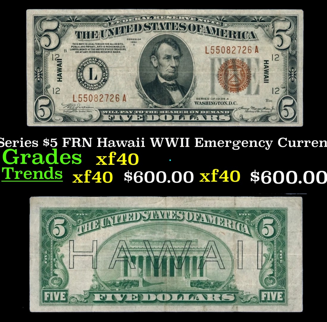 1934A $5 FRN Hawaii WWII Emergency Currency Key To Series Key To Series Grades xf (1 of 3)