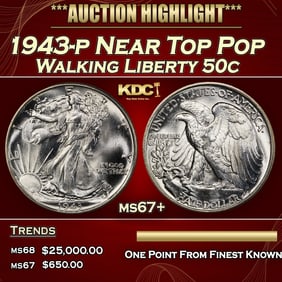 1943-p Walking Liberty Half Dollar Near Top Pop 50c ms67+ SEGS