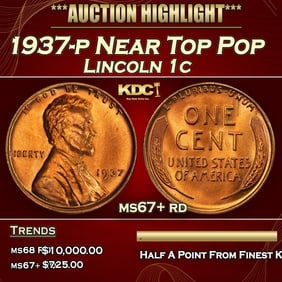 1937-p Lincoln Cent Near Top Pop 1c ms67+ rd SEGS