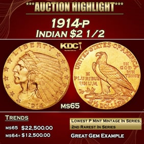 1914-p Gold Indian Quarter Eagle $2 1/2 ms65 SEGS