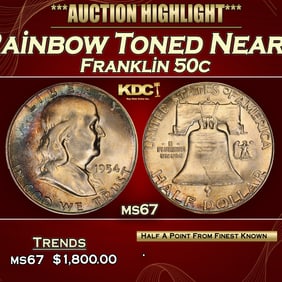 1954-s Franklin Half Dollar Rainbow Toned Near Top Pop 50c ms67 SEGS