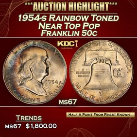 1954-s Franklin Half Dollar Rainbow Toned Near Top Pop 50c ms67 SEGS