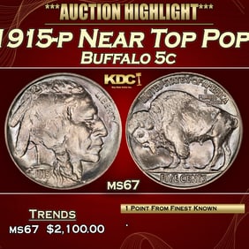 1915-p Buffalo Nickel Near Top Pop! 5c ms67 SEGS
