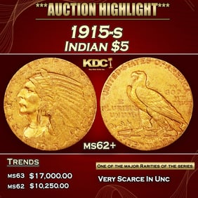 1915-s Gold Indian Half Eagle $5 ms62+ USCG