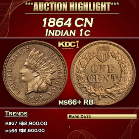 1864 CN Indian Cent 1c ms66+ RB SEGS