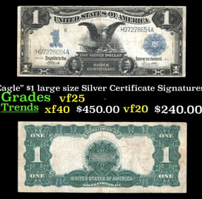 1899 $1 large size Silver Certificate "Black Eagle" Grades vf+ Signatures Teehee/Burke