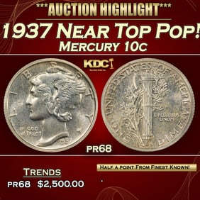 1937 Proof Mercury Dime Near Top Pop! 10c pr68 SEGS