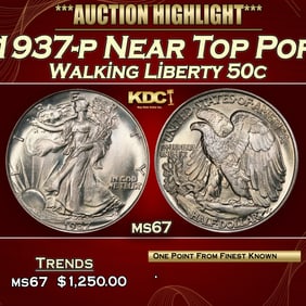 1937-p Walking Liberty Half Dollar Near Top Pop 50c ms67 SEGS