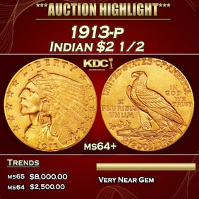 1913-p Gold Indian Quarter Eagle $2 1/2 ms64+ SEGS