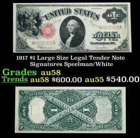 1917 $1 Large Size Legal Tender Note Grades Choice AU/BU Slider Signatures Speelman/White