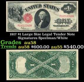 1917 $1 Large Size Legal Tender Note Grades Choice AU/BU Slider Signatures Speelman/White