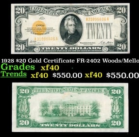 1928 $20 Gold Certificate FR-2402 Woods/Mellon Grades xf