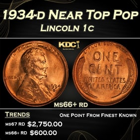 1934-d Lincoln Cent Near Top Pop 1c ms66+ rd SEGS
