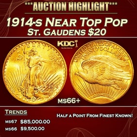1914-s Gold St. Gaudens Double Eagle Near Top Pop $20 ms66+ SEGS