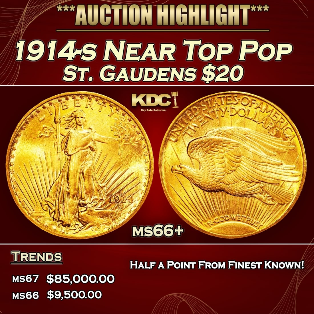 1914-s Gold St. Gaudens Double Eagle Near Top Pop $20 ms66+ SEGS (1 of 3)