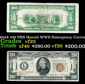 1934A $20 FRN Hawaii WWII Emergency Currency Grades vf+