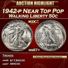 1942-p Walking Liberty Half Dollar Near Top Pop 50c ms67+ SEGS