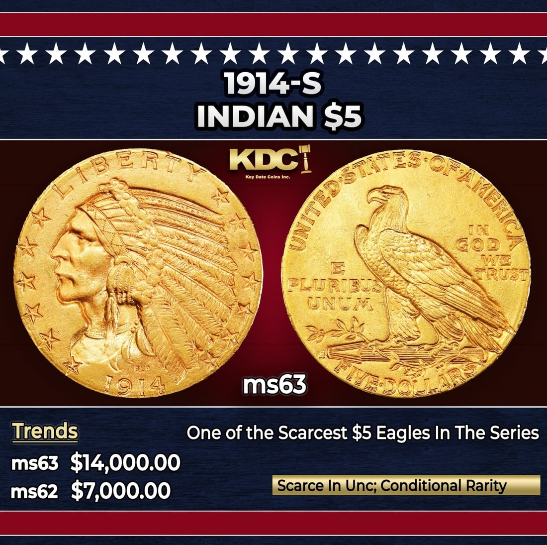 1914-s Gold Indian Half Eagle $5 ms63 USCG (1 of 3)