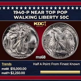 1940-p Walking Liberty Half Dollar Near Top Pop 50c ms68 SEGS