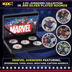 5 Coin Marvel Disney Avengers Silver Plated Round Collection Spider-Man, Hulk, Captain America,