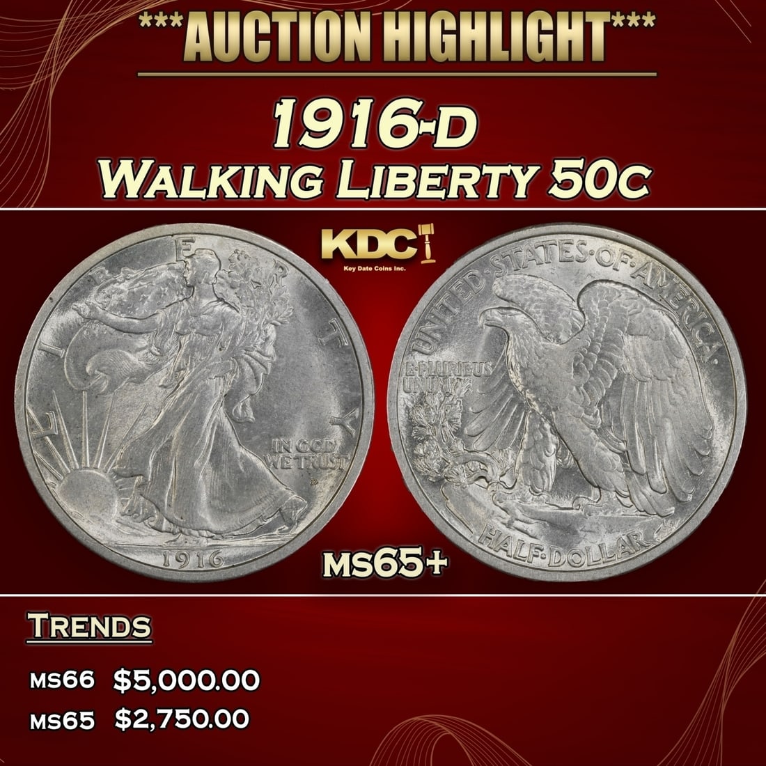 1916-d Walking Liberty Half Dollar 50c ms65+ SEGS (1 of 3)