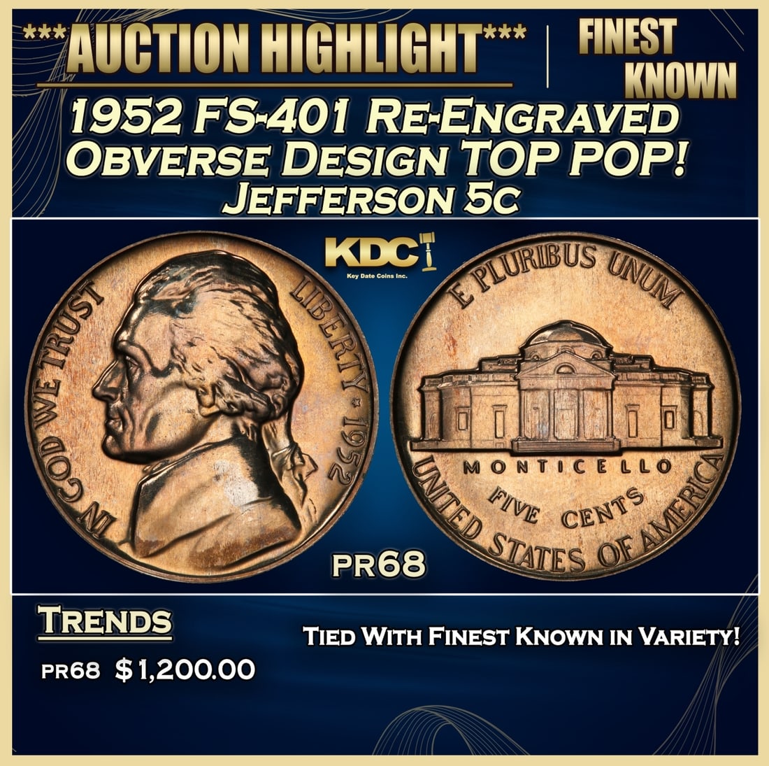 1952 FS-401 Re-Engraved Obverse Design Proof Jefferson Nickel TOP POP! 5c pr68 SEGS (1 of 3)