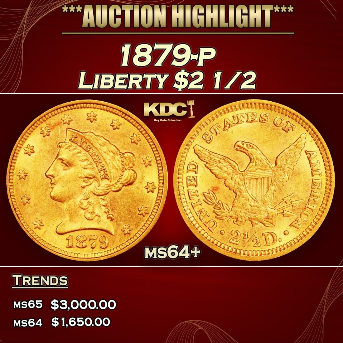 1879-p Gold Liberty Quarter Eagle $2 1/2 ms64+ SEGS (1 of 3)