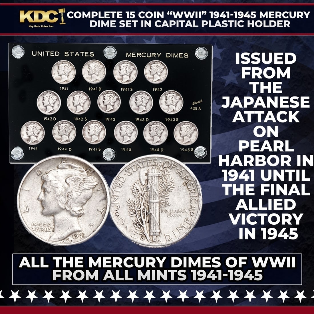 Complete 15 Coin "WWII" 1941-1945 Mercury Dime P,D,S Set In Capital Plastic Holder (1 of 1)