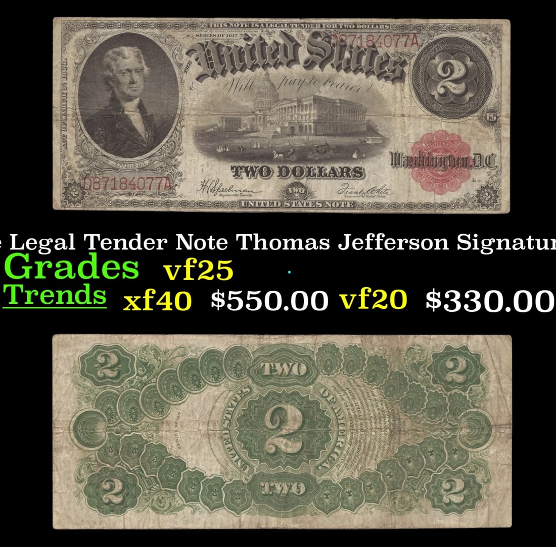 1917 $2 Large Size Legal Tender Note Thomas Jefferson Grades vf+ Signatures Speelman/White (1 of 3)