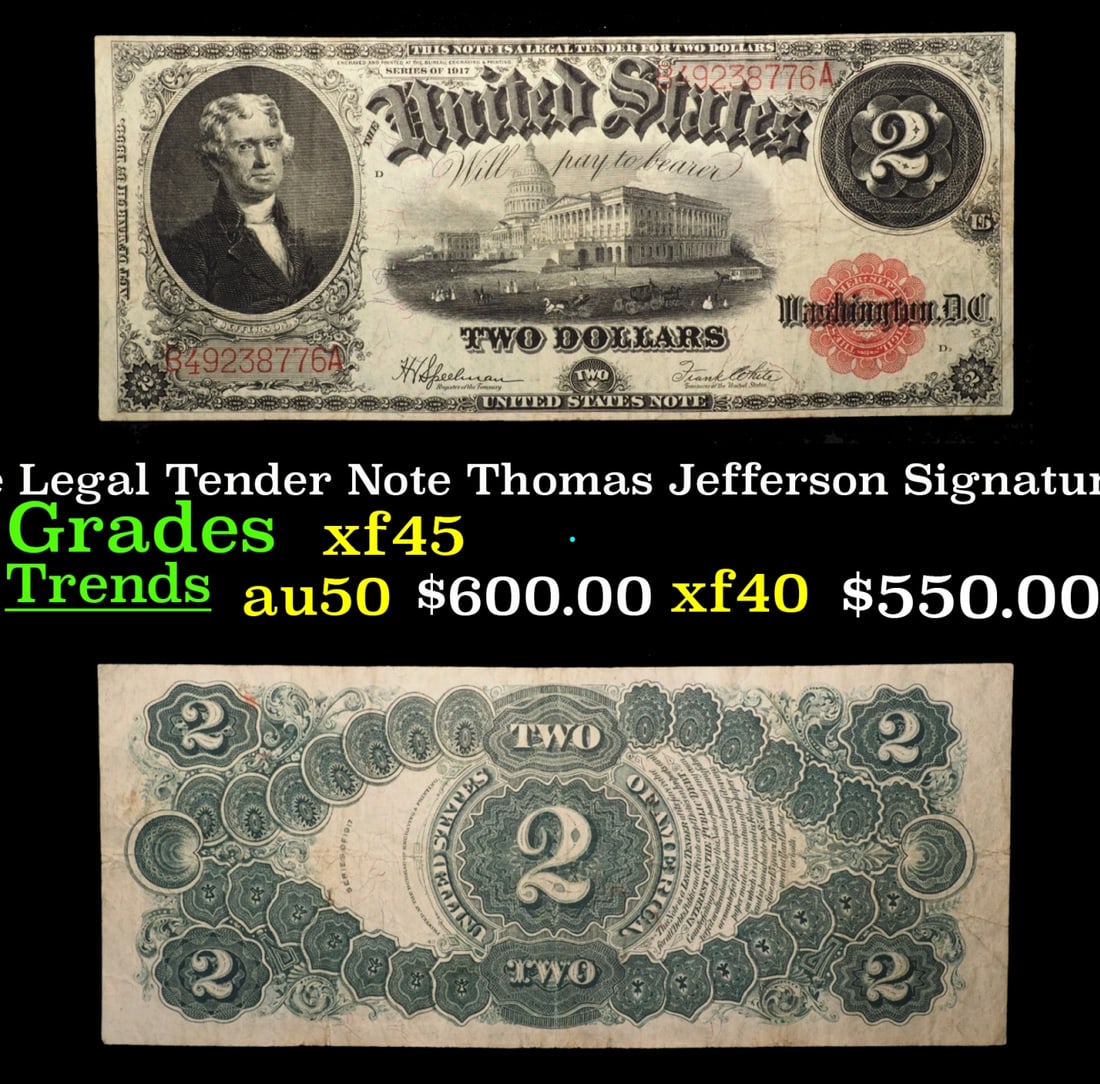 1917 $2 Large Size Legal Tender Note Thomas Jefferson Grades xf+ Signatures Speelman/White (1 of 3)