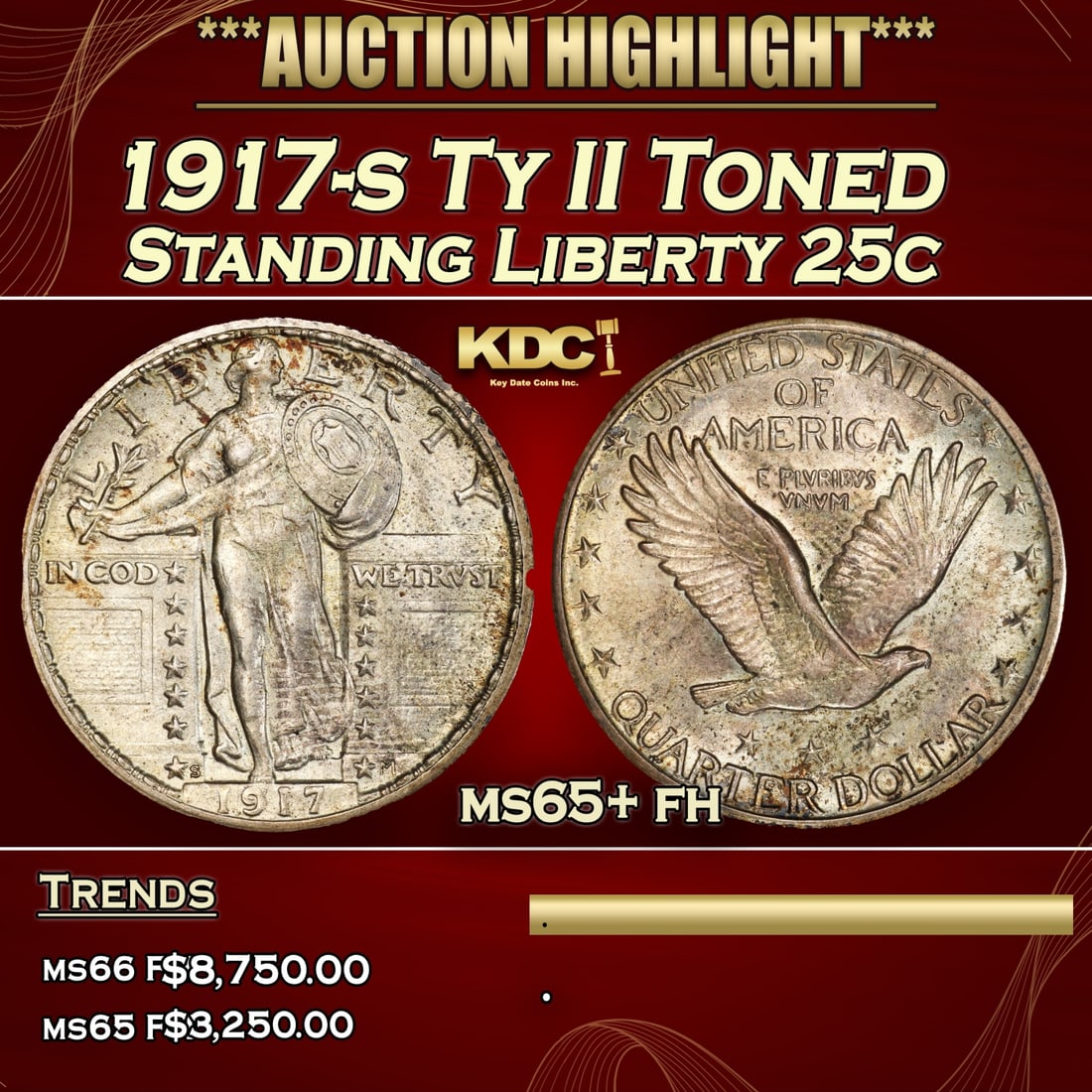 1917-s Ty II Standing Liberty Quarter Toned 25c ms65+ fh SEGS (1 of 4)