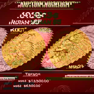 1913-s Gold Indian Half Eagle $5 ms62+ USCG: 1913-s Gold Indian Half Eagle $5 ms62+ USCG. The 1913 Indian $5 is a tremendous condition rarity, with pieces readily available in lower Mint State but increasingly unavailable approaching Gem. While