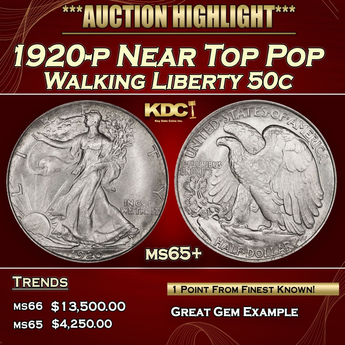 1920-p Walking Liberty Half Dollar Near Top Pop 50c ms65+ SEGS (1 of 3)