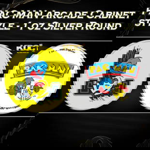 PAC-MAN Arcade Cabinet style - 1 oz Silver Round Round: PAC-MAN Arcade Cabinet style - 1 oz Silver Round. PAC-MAN Fever swept the world in the early 80s, and this unique colorized silver round showcases two iconic designs from the original arcade cabinet a