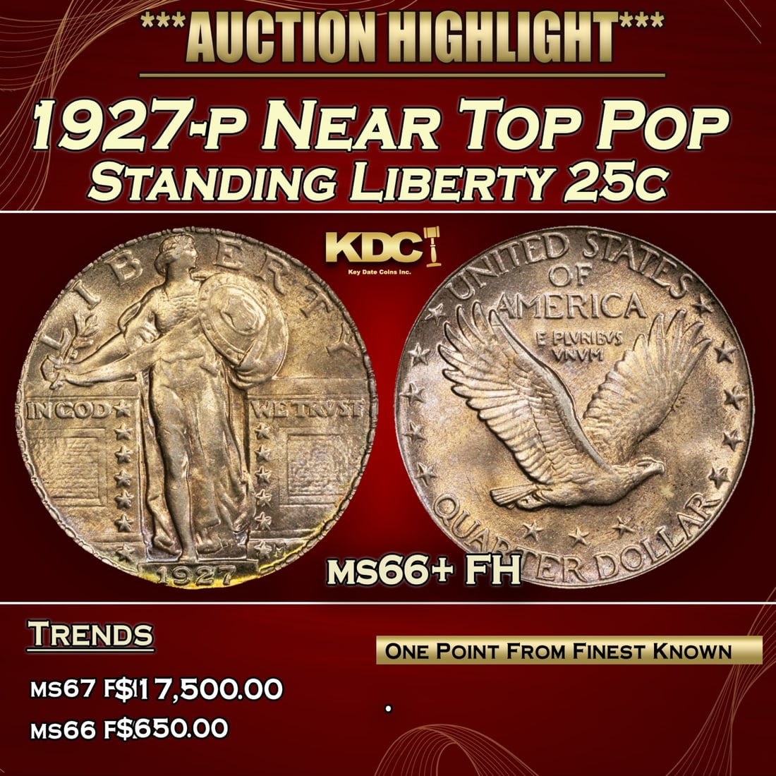 1927-p Standing Liberty Quarter Near Top Pop 25c ms66+ FH SEGS (1 of 4)