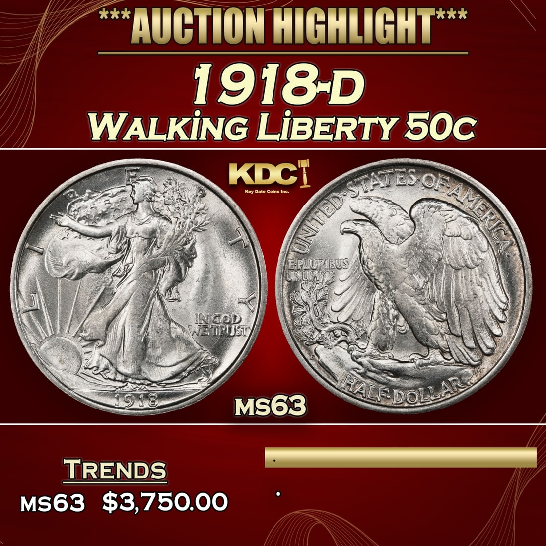1918-d Walking Liberty Half Dollar 50c ms63 USCG (1 of 3)
