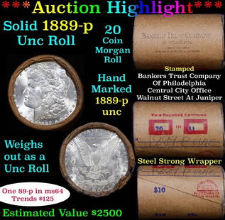 Full solid date 1889-p Uncirculated Morgan silver dollar roll, 20 coins: Full solid date 1889-p Uncirculated Morgan silver dollar roll, 20 coins. Full solid date 1889-p Uncirculated Morgan silver dollar roll, 20 coins. This roll is held in an old Steel strong wrapper, pate