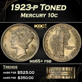 1923-p Mercury Dime Toned 10c Grades ms65+ fsb