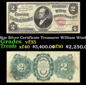 1891 $2 Large Size Silver Certificate "Windom Note" Treasurer William Windom Grades vf++ Signatures