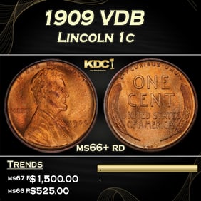 1909 VDB Lincoln Cent 1c ms66+ rd SEGS
