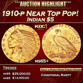 1910-p Gold Indian Half Eagle Near Top Pop! $5 ms65+ USCG