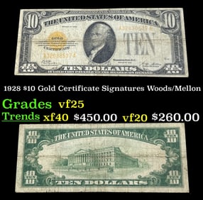 1928 $10 Gold Certificate Signatures Woods/Mellon Grades vf+