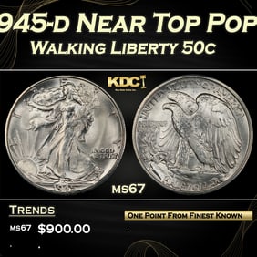 1945-d Walking Liberty Half Dollar Near Top Pop 50c ms67 SEGS