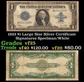 1923 $1 large size Silver Certificate Grades vf+ Signatures Speelman/White